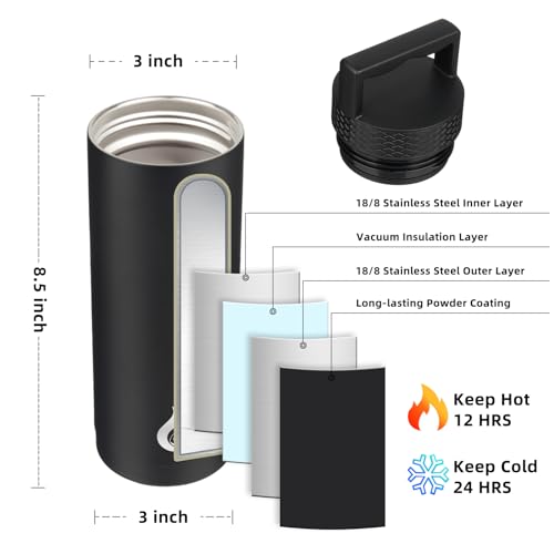 BJPKPK Insulated Water Bottles, Dishwasher Safe 18 oz Water Bottle with Handle, Leakproof BPA Free Thermal Flasks, Stainless Steel Jug for Sports, Black - color: Black, style: 18oz