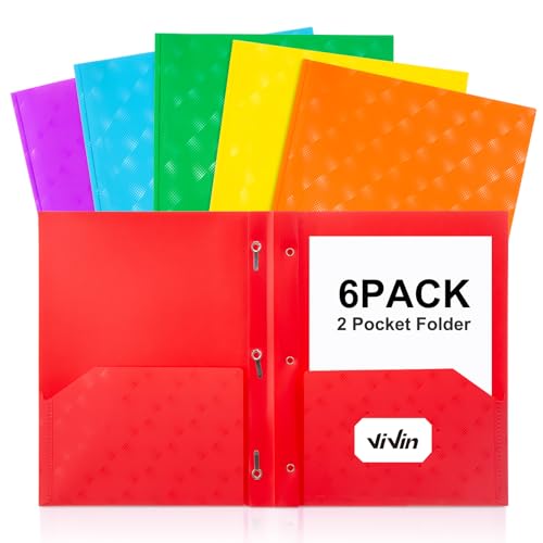 ViVin Plastic Folders with Pockets and Prongs,6 Pack,Heavy Duty 2-Pocket File Folder with 3 Fasteners,Fits Letter Size Paper,for School Home and Office(Assorted Color) - color: Assorted Color, size: 6 PACK