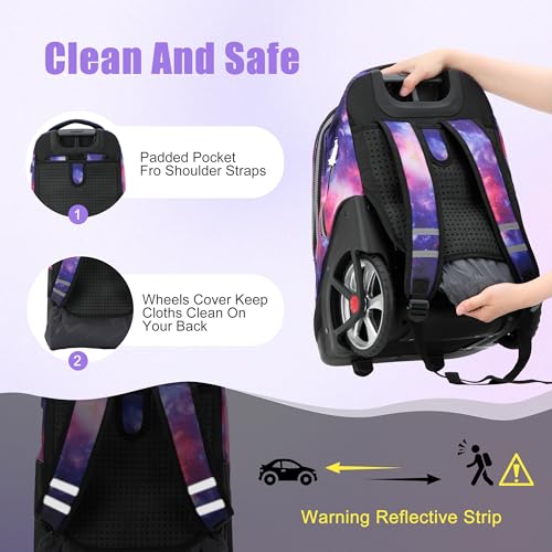 NEW TILAMI 19 inch Rolling Backpack Teens Rolling Backpack Cute Wheeled Laptop Backpack Bookbag Roller Travel Bag College, Starry Purple - color: Purple Starry