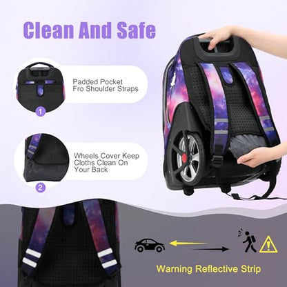 NEW TILAMI 19 inch Rolling Backpack Teens Rolling Backpack Cute Wheeled Laptop Backpack Bookbag Roller Travel Bag College, Starry Purple - color: Purple Starry