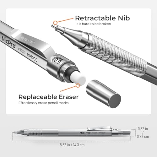 Nicpro 0.9 mm Metal Mechanical Pencil Set with Case | 3PCS MP1000 0.9mm Drafting Pencil, 480PCS HB Lead Refills, 3PCS Eraser&Refills for Artist Writing, Drawing, Sketching, Silver - color: Silver, style: 0.9 MM