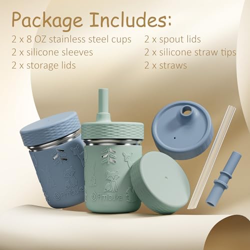 Fimibuke Toddler Cups Spill Proof, 8 OZ Sippy Cups for Kids Girl Boy, Stainless Steel Tumbler with Lid, Removable Silicone Straw & Sleeve, BPA Free Dishwasher Safe Water Bottle Snack Container 2 Pack - color: Sage/Misty Blue, size: 8 Ounces