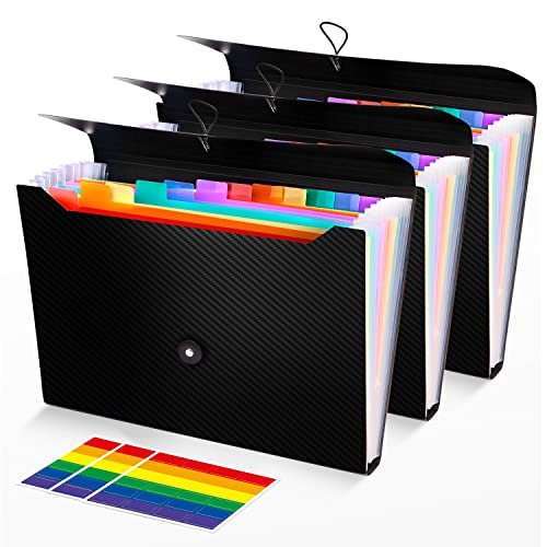3Pcs Expanding File Folder, 13 Pockets Accordion File Holder Organizer, A4 Letter Size Paper Document Receipt Organizer Accordian Filing Folder for Classroom, Home, Office and Travel - color: 3pcs-black+multicolor