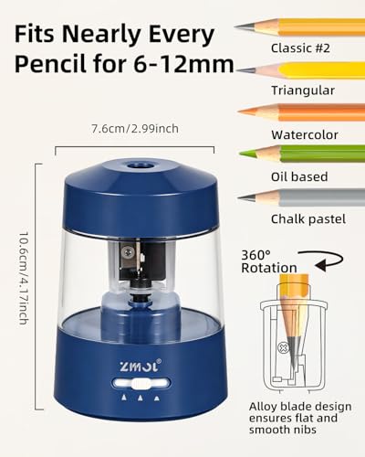 ZMOL 전동 연필깎이 배터리 작동 파워 아동용 컬러 및 점보 연필 No.2/(6-12mm) 안전하고 쉬운 사용 플러그 인 휴대용 교실/사무실/가정용 (AC 어댑터, USB, 배터리) 포함, 다크 블루 - color: 다크 블루