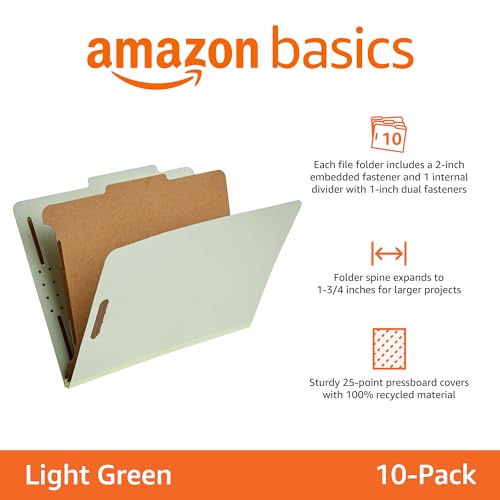 Amazon Basics Classification File Folders, 1 Divider, 2-Inch Embedded Fasteners, Letter Size for Documents, Light Green, 20-Pack - color: Light Green, size: 12.05 x 10.47 Inch (Letter) (Pack of 2), style: 1 Divider