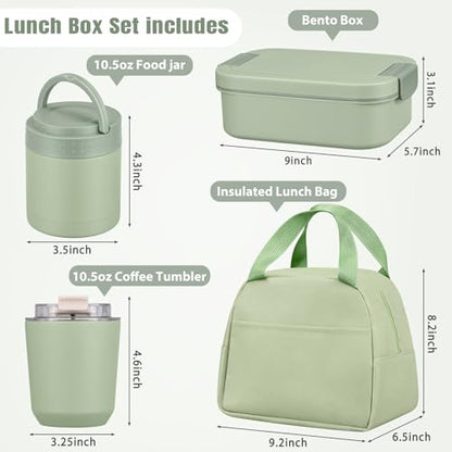 Large Bento Lunch Box Set for Adults Kids Women with 10.5oz Soup Thermo,Coffee Tumblers Men Girls Boys Teenagers Leak-Proof Lunch Food Containers with Lunch Bag - color: Green