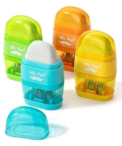 Mr. Pen- Pencil Sharpener & Eraser, 4 Pack | 2-in-1 Manual Sharpeners with Canister, 2 Sharpening Holes for Standard & Jumbo Pencils, Colorful Dual Hole Design for School - color: Yellow, Orange, Blue, Green, size: 4 Pack