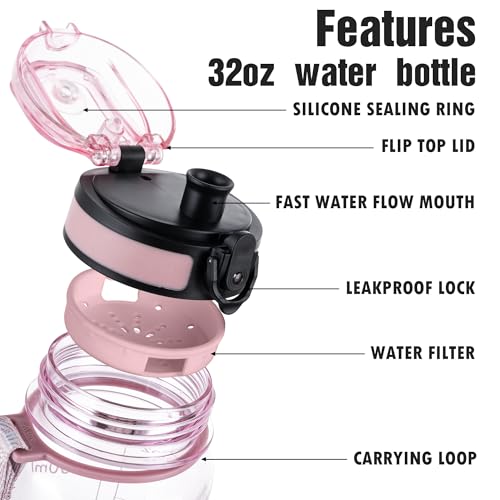 OLDLEY Water Bottle, 32oz Motivational Sports Water Bottle with Time Marker - Times to Drink - Tritan, BPA Free, Wide Mouth Leakproof,Clear Pink - color: Clear Pink
