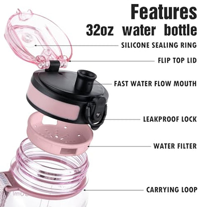 OLDLEY Water Bottle, 32oz Motivational Sports Water Bottle with Time Marker - Times to Drink - Tritan, BPA Free, Wide Mouth Leakproof,Clear Pink - color: Clear Pink
