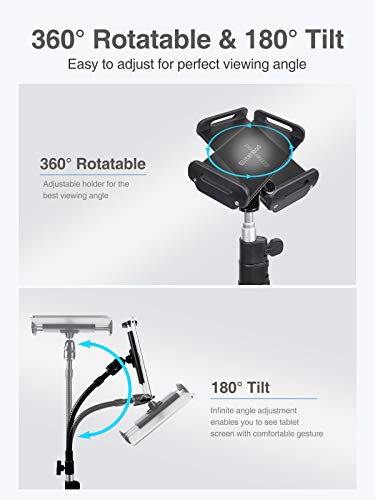 elitehood Metal iPad Tripod Stand, 72in Gooseneck Tablet Floor Stand Holder | Heavy Duty Aluminum Tall iPad Floor Stand, Adjustable iPad Music Stand for Pro 13 11, Mini, Air, iPhone and 4.7-13" Tablets - size: 4.7–13" · Side Clamp