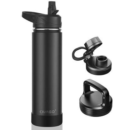 CIVAGO 24 oz Insulated Water Bottle With Straw, Stainless Steel Sports Water Flask Cup with 3 Lids (Straw, Spout and Handle Lid), Double Walled Travel Thermal Canteen Mug, Black - color: Black, size: 24 Ounces
