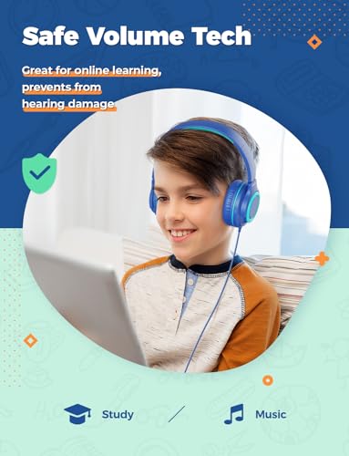 iClever 2Pack Kids Headphones with Sharing Splitter - 85dBA Safe Volume Limited - HS22 Wired Headphones for Kids Teens, Tangle-Free 3.5mm Jack Foldable Stereo for School/Tablet/Travel - color: Green & Blue