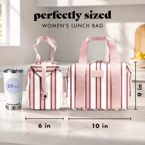 Fit & Fresh Remi Lunch Bag for Women Work – Neoprene Lunch Tote with Containers & Ice Pack, Reusable Meal Prep Lunch Box, Large Capacity, Machine Washable - color: Pink Chunky Stripe