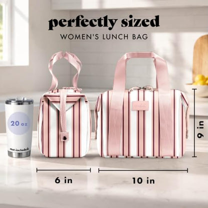 Fit & Fresh Remi Lunch Bag for Women Work – Neoprene Lunch Tote with Containers & Ice Pack, Reusable Meal Prep Lunch Box, Large Capacity, Machine Washable - color: Pink Chunky Stripe