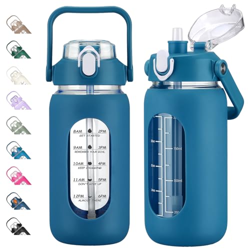 42oz Glass Water Bottles with Straw, Motivational Glass Bottle with Silicone Sleeve and Time Marker, Leakproof Large Glass Water Jug for Gym Home Office,Iron Blue - color: Iron Blue, size: 42 Ounces