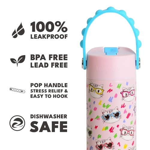 Elemental Insulated Kids Water Bottle, Stainless Steel Water Bottle with Straw Lid & Pop-It Handle, Leak-Proof Water Bottles for School, Boys or Girls, Travelling and Sports, 18oz - Stylish Cat - color: Stylish Cat
