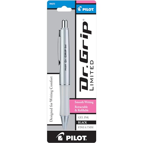 PILOT Dr. Grip Limited Refillable & Retractable Gel Pen, Fine Point, Black Ink, Single Pen - Ideal for School, Journaling & Office Writing - color: Silver, size: 1 Count (Pack of 1)