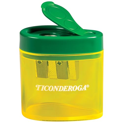 Ticonderoga Two-Hole Manual Pencil Sharpener for Standard and Beginner Pencils, Yellow/Green, 2" x 2" x 1.25", German-Engineered, 1 Count - style: 2-Hole