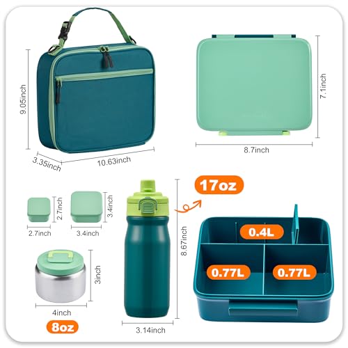 Bento Lunch Box for Kids with Thermos, Leakproof Bento Box with 8oz Insulated Food Jar, Insulated Bottle, Lunch Bag, BPA Free Dishwasher Safe 4 Compartment Container for School Girls Boys (Green)