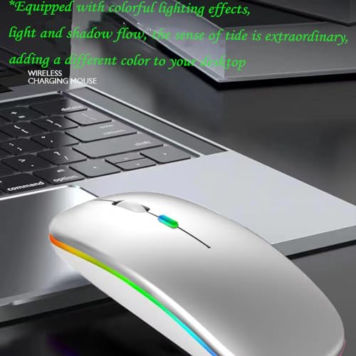 LED Wireless Mouse, Slim Silent Dual-Mode 2.4G+BT Rechargable 7-Color Portable Mobile Optical Office Mouse with USB Receiver, 3 Adjustable DPI Levels for Notebook, PC, Computer, MacBook (Silver) - color: silver