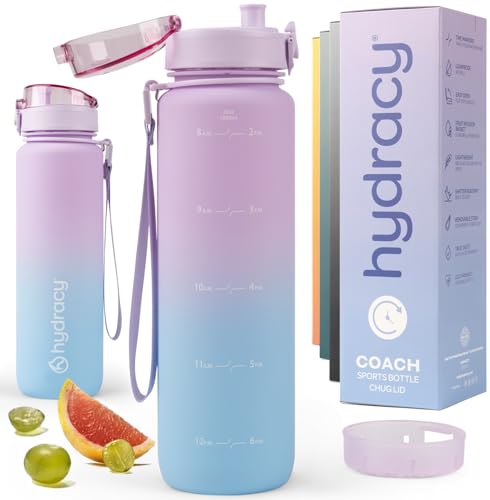 Hydracy Water Bottle with Time Marker -Large 32oz BPA Free Gradient Water Bottle - Leak Proof Gym Bottle with Fruit Infuser Strainer & Times to Drink -Ideal for Fitness Sports & Outdoors - color: Lilac Blue