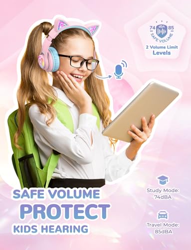 iClever BTH13 여아용 아동용 블루투스 헤드폰, LED 고양이 귀 여행 선물 | SafeSound Tech, 50시간 재생, USB C 충전, AUX 케이블, 스테레오 사운드, 태블릿용 마이크가 있는 아동용 헤드폰 무선, 핑크 - color: 핑크