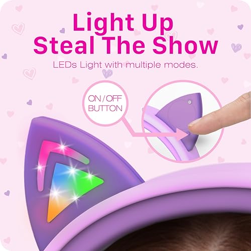 FosPower Kids Headphones with LED Cat Ears (85dB Safe Volume Limit), 3.5mm Soft On-Ear Wired Headphones with Tangle-Free Laced Cables for iPad/Tablet/School/Travel - Baby Pink/Lavender - color: 03 - Baby Pink/Lavender
