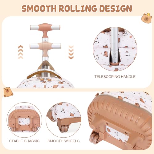 Capybara Theme Rolling Backpack with Lunch Bag & Pencil Case, Kids Rolling Backpack for Girls, Wheeled School Bookbag with Telescoping Handle for Kindergarten Elementary Middle High School - color: Beige