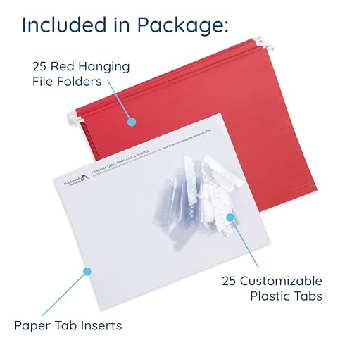 25 Blue Summit Supplies Red Hanging File Folders Letter Size – Durable 11pt Paper, Plastic Tabs and Inserts Included, Fits Standard Filing Cabinets and Desktop Organizers - color: Red