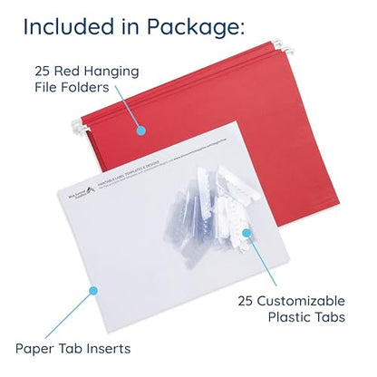 25 Blue Summit Supplies Red Hanging File Folders Letter Size – Durable 11pt Paper, Plastic Tabs and Inserts Included, Fits Standard Filing Cabinets and Desktop Organizers - color: Red