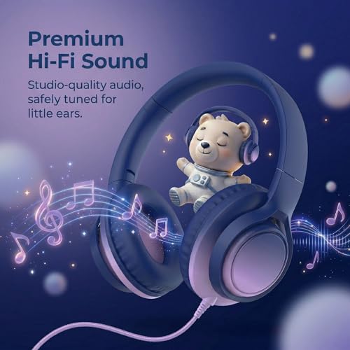 Kids Headphones Wired with Microphone, 85/94dB Volume Limit, 3.5mm Jack & USB-C Adapter, Foldable Over Ear Headset for School, Tablet, iPad, Laptop, Travel (Midnight Blue) - color: Gradient Midnight Blue