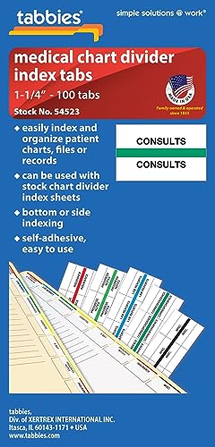 Tabbies 54523 Consults Medical Chart Index Tabs, 100 Pack, Green 1.25 x 0.5 in Self-Adhesive Patient File Divider Tabs for Records & Folders - style: Consults