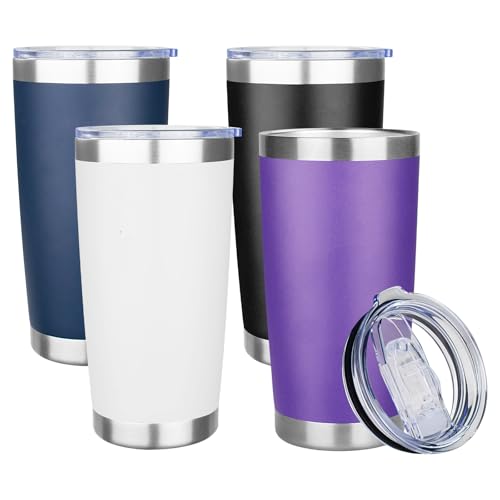 20oz Tumbler with Lid Stainless Steel Insulated Tumblers Travel Coffee (4, White/Black/Purple/Navy) - color: White/Black/Purple/Navy
