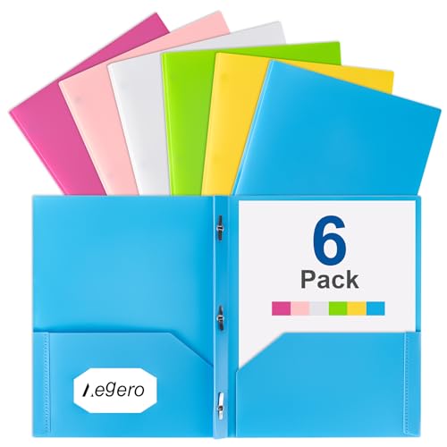 Aegero Folders with Pockets and Prong with Fasteners (6 Pack,Fresh Color),Durable Plastic Pocket Folders with Prongs,Tear Resistant,2 Pocket 3 Prong Folders for Schoolwork & Office,Letter Size - color: Fresh Color, size: 1 Set（6pack）
