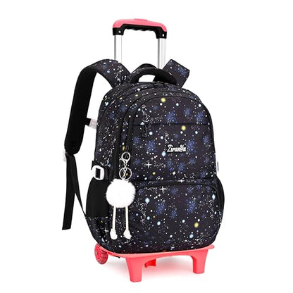 Black Galaxy Print Rolling Backpack for Girls Kids Backpack with Wheels Roller Bookbag Trolley School Bag Wheeled Bag - color: 2 Wheels 05 Black, style: 2 Wheels