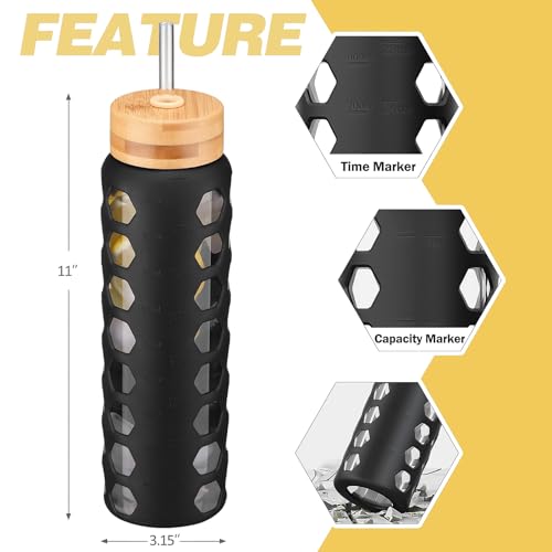MUKOKO Glass Water Bottle, 32oz, Black | Glass Tumbler with Straw, Drinking Bottles with 2 Lids-Handle Spout Lid & Bamboo Straw Lid, Silicone Sleeve, 1 Pack - color: Black, size: 32 Ounces