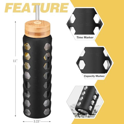 MUKOKO Glass Water Bottle, 32oz, Black | Glass Tumbler with Straw, Drinking Bottles with 2 Lids-Handle Spout Lid & Bamboo Straw Lid, Silicone Sleeve, 1 Pack - color: Black, size: 32 Ounces