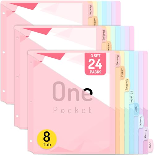 Forvencer 24 Count Dividers for 3 Ring Binder, 8 tabs Binder Dividers with Pocket for US Letter Size, Binder Dividers with Tabs for School Office and Home Organization, Multicolor, 3 Sets - color: Pink, size: 3 Sets