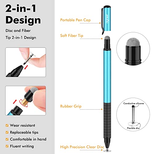 Digiroot Universal Stylus,[2-in-1] Disc Stylus Pens for All Touch Screens Cell Phones, iPad, Tablets, Laptops with 6 Replacement Tips(4 Discs, 2 Fiber Tips Included) - (Blue) - color: Blue