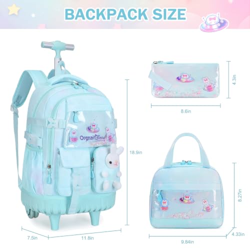 FIXITOK Rolling Backpack for Girls, Kawaii Bunny Roller Wheels School Backpacks with Lunch Bag Pencil case, Wheeled Suitcase Bookbag for Elementary Travel Dreamy Aquamarine - color: Dreamy Aquamarine