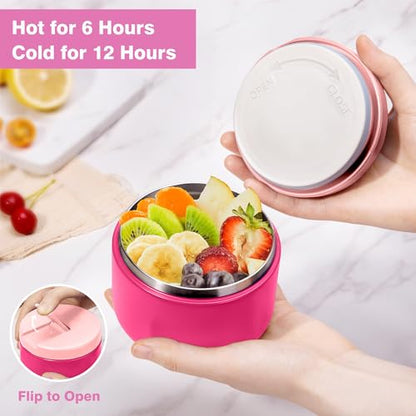 HOMEKOL Bento Lunch Box Set for Kids, Pink | with Stainless Steel Insulated Food Jar, Plastic Water Bottle, Bag and Silicone Spoon and Fork for Boys Girls - color: Pink