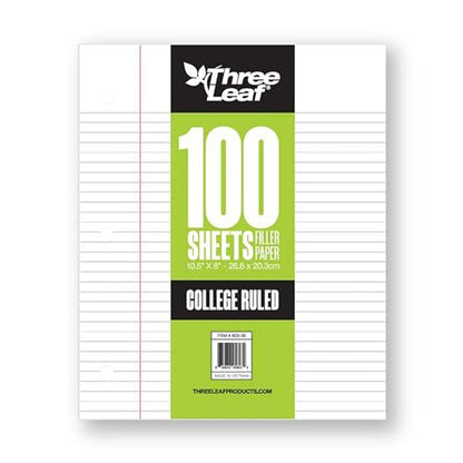 Three Leaf 100 Sheets College Ruled Filler Paper, 1728 Ct. (48 Cases X 36 Filler Paper), Loose-Leaf Sheets For School And Office - color: College Ruled, size: Half Pallet