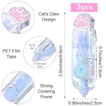Ptwola 3 Pcs Retractable White Correction Tape Cat Paw Shape Aesthetic Pen Cute Smooth Correction Tape Mini Pen Supplies for Back to Teacher Office Accessories Easy to Use