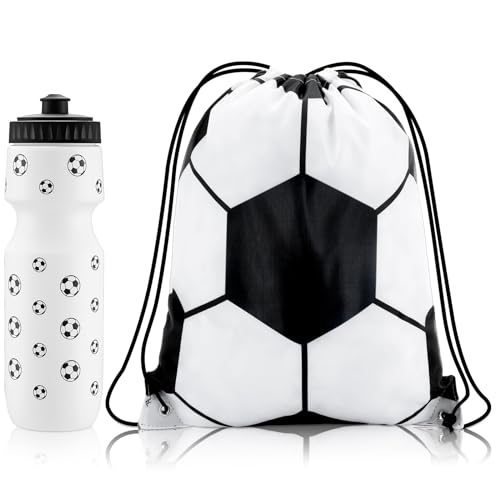 2 Pcs Soccer Water Bottle 24 oz Soccer Reusable Water Bottles with Drawstring Bag Gifts for Boys Players Sport Party Favors Cycling Traveling Outdoor Accessories