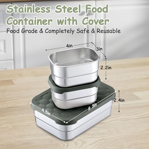 Homikit 3 Pack Kids Lunch Box Set, 18/10 Stainless Steel Bento Boxes with Silicone Lids Leak Proof, 5 Cups Reusable Metal Food Snack Containers for School Daycare, Nontoxic & Dishwasher Safe, Gray - color: Gray, size: Medium