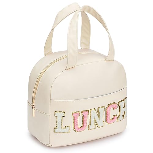 DIRGEE Lunch Bag for Women Insulated For Men PU leather Small Office Work lunch with Chenille Letters Leakproof Freezable Cooler Reusable Portable Box (White) - color: A-White