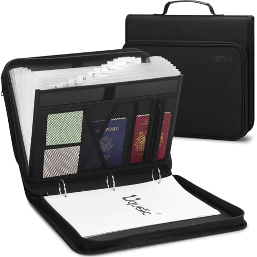 Uquelic Accordion File Organizer Binder with Multi-Pockets, 13 Pockets | Expanding Folders with Handle and Labels, Portable Home Travel Safe Storage for Letter A4 Files and More (Black)