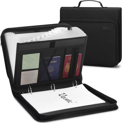 Uquelic Accordion File Organizer Binder with Multi-Pockets, 13 Pockets | Expanding Folders with Handle and Labels, Portable Home Travel Safe Storage for Letter A4 Files and More (Black)