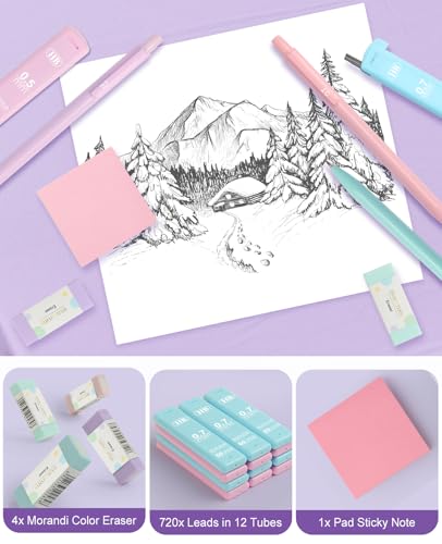 Aesthetic School Supplies with Cute Pencil Case, 12x Pastel Mechanical Pencils 0.5 & 0.7mm with 720x HB Leads, 4x Erasers and 1x Sticky Note, Suitable for Writing, Drafting Drawing Sketching(blue) - color: Blue