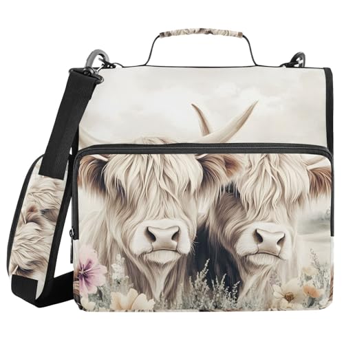 3 Ring Zipper Binder with Shoulder Strap Highland Cow Cattle Flower 2 Inch Zippered Binder Bag 500 Sheet Capacity Multi Pockets for School Supplies - color: Multi23